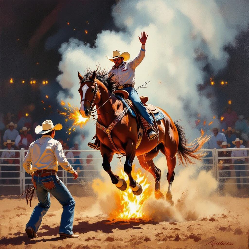 Cowboys Face Fiery Bucking Horse Strawberry Roan in Dynamic ...
