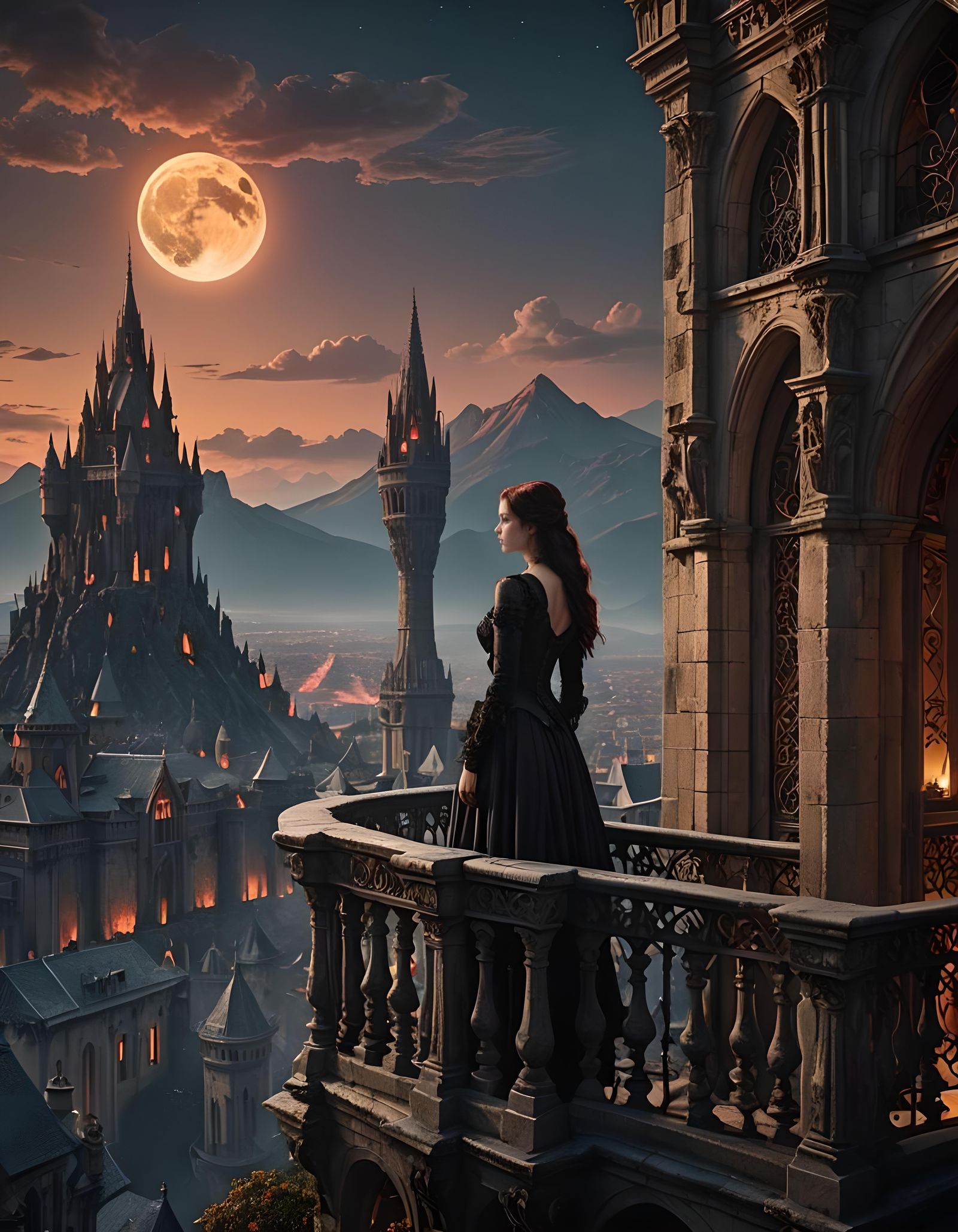 Gothic Balcony Over Fiery Moon Volcano