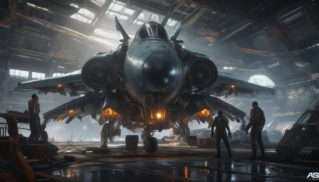 Industrial Spacecraft Repair in Vibrant Triadic Colors