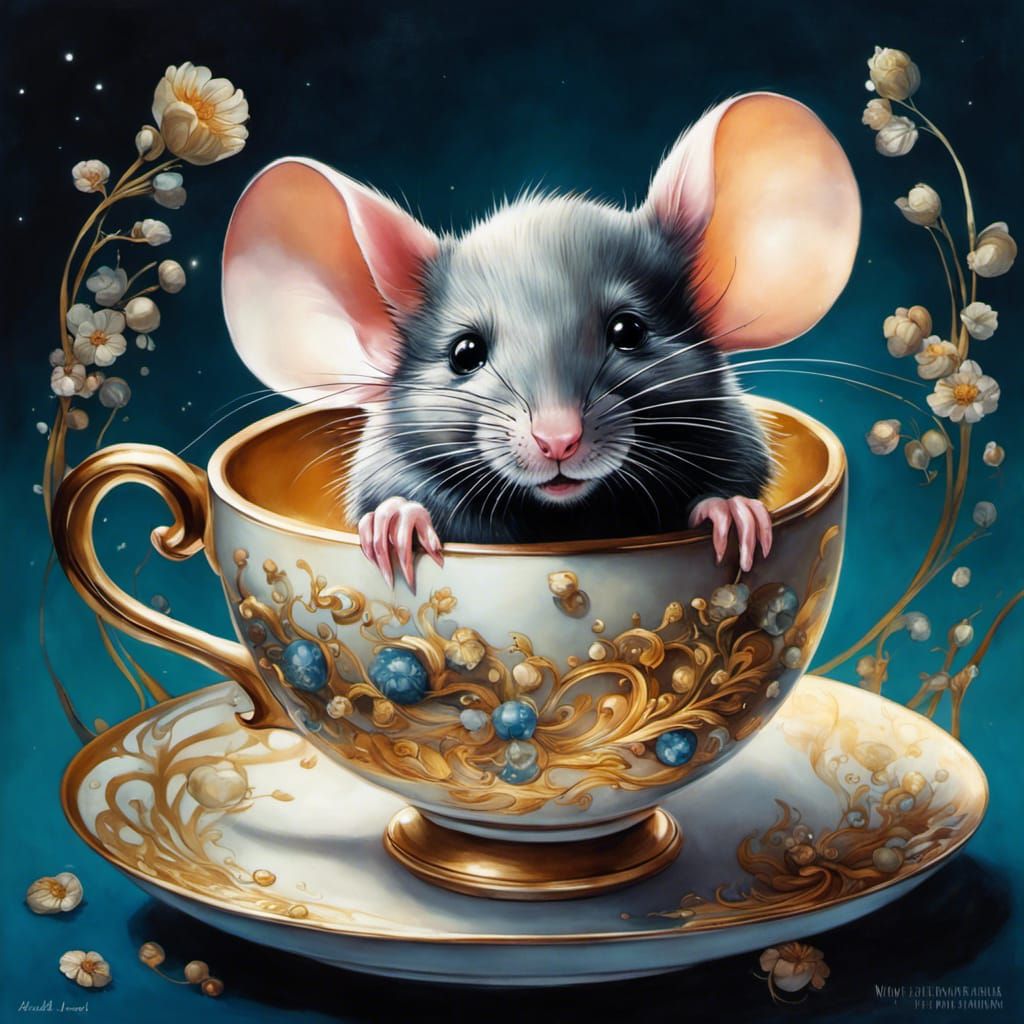 Mouse in Teacup: Detailed Liquid Ink Portrait