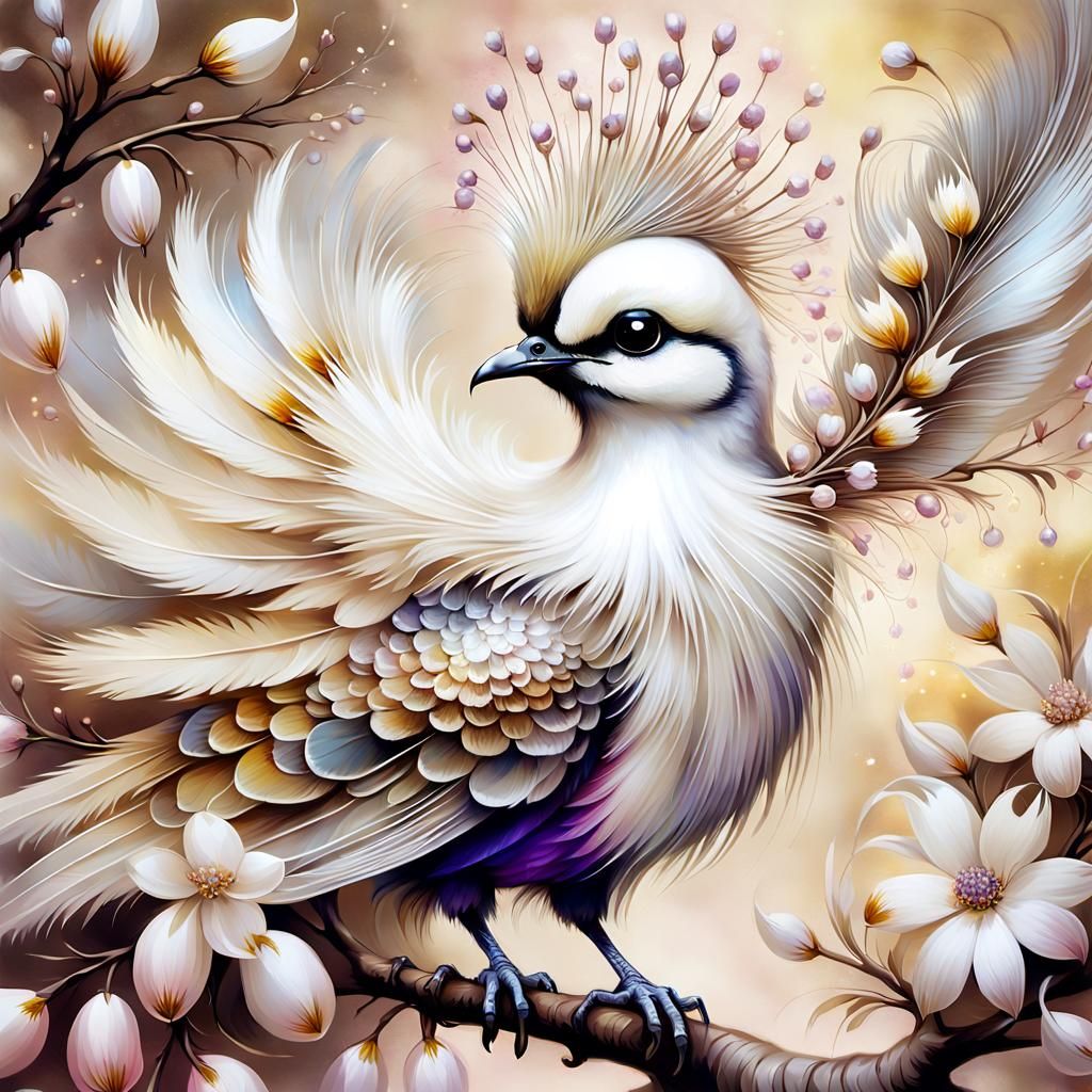 Anime Bird Portrait on Flowering Branch