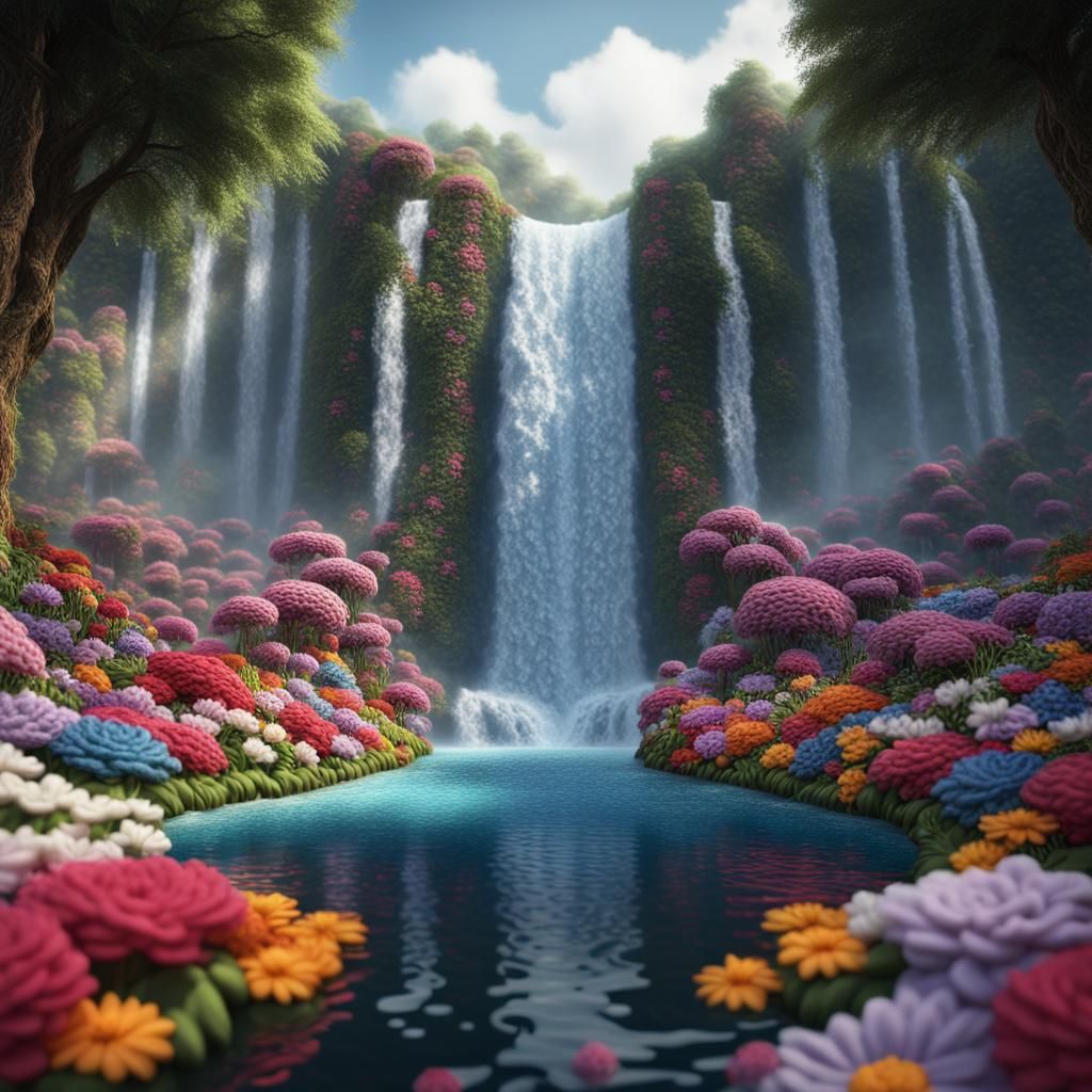 Crochet Waterfall Surrounded by Flowers