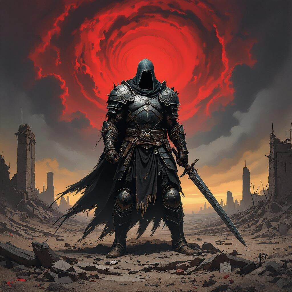 Dark Fantasy Warrior in Desolate Landscape
