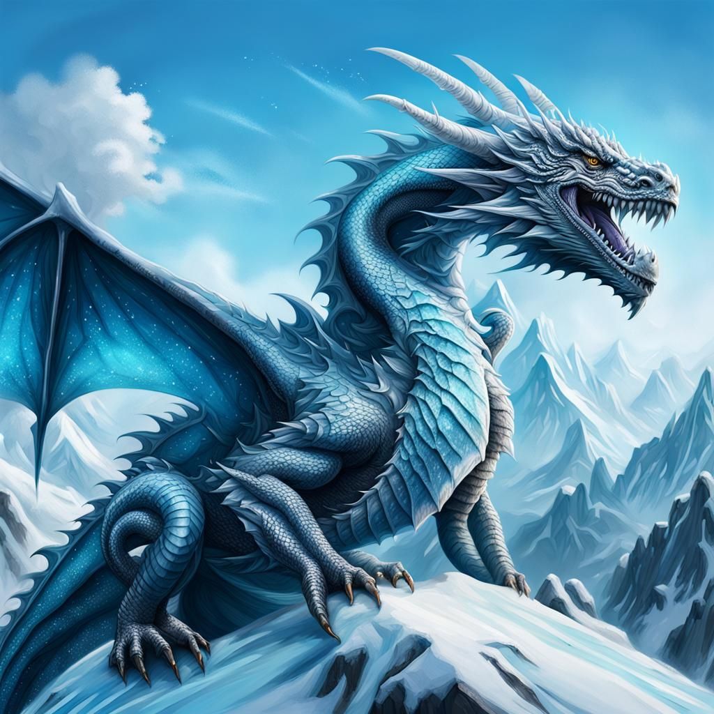 Hyperrealistic Ice Dragon on Snowy Peak