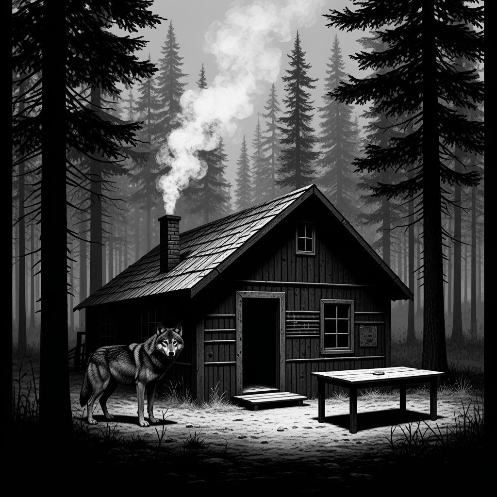 Dark Cabin in Forest with Wolf, Black and White