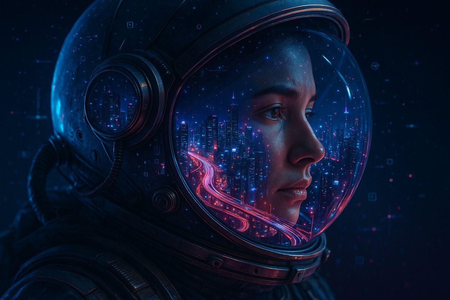 Astronaut Double Exposure: Neon Cityscape Portrait
