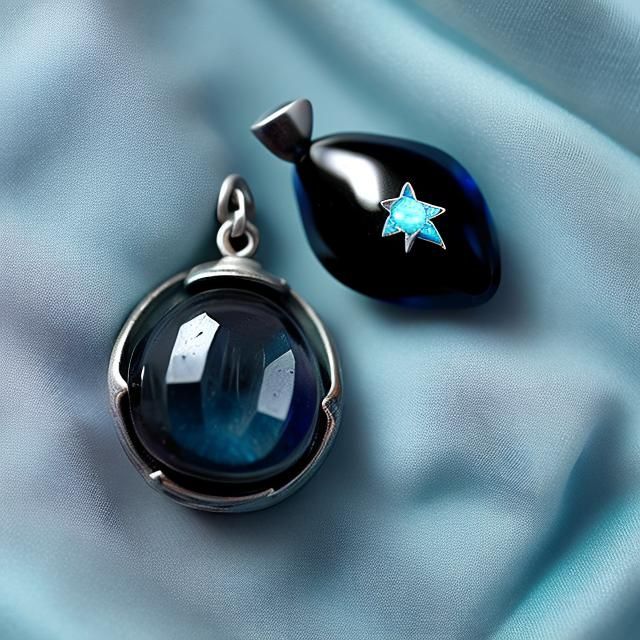 Black star sapphire cabochon displayed on pale blue silk.