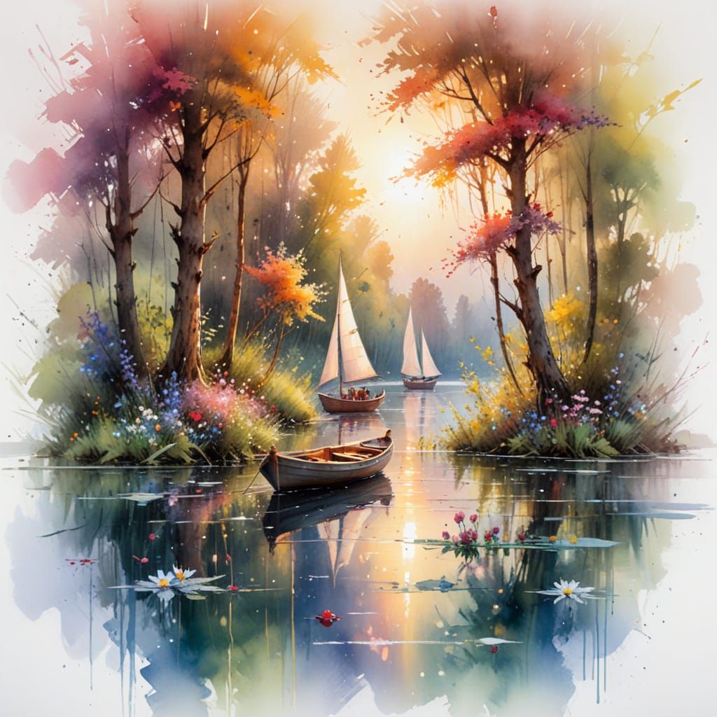 Sunlit Lake: Sailing Boat in Watercolor Forest