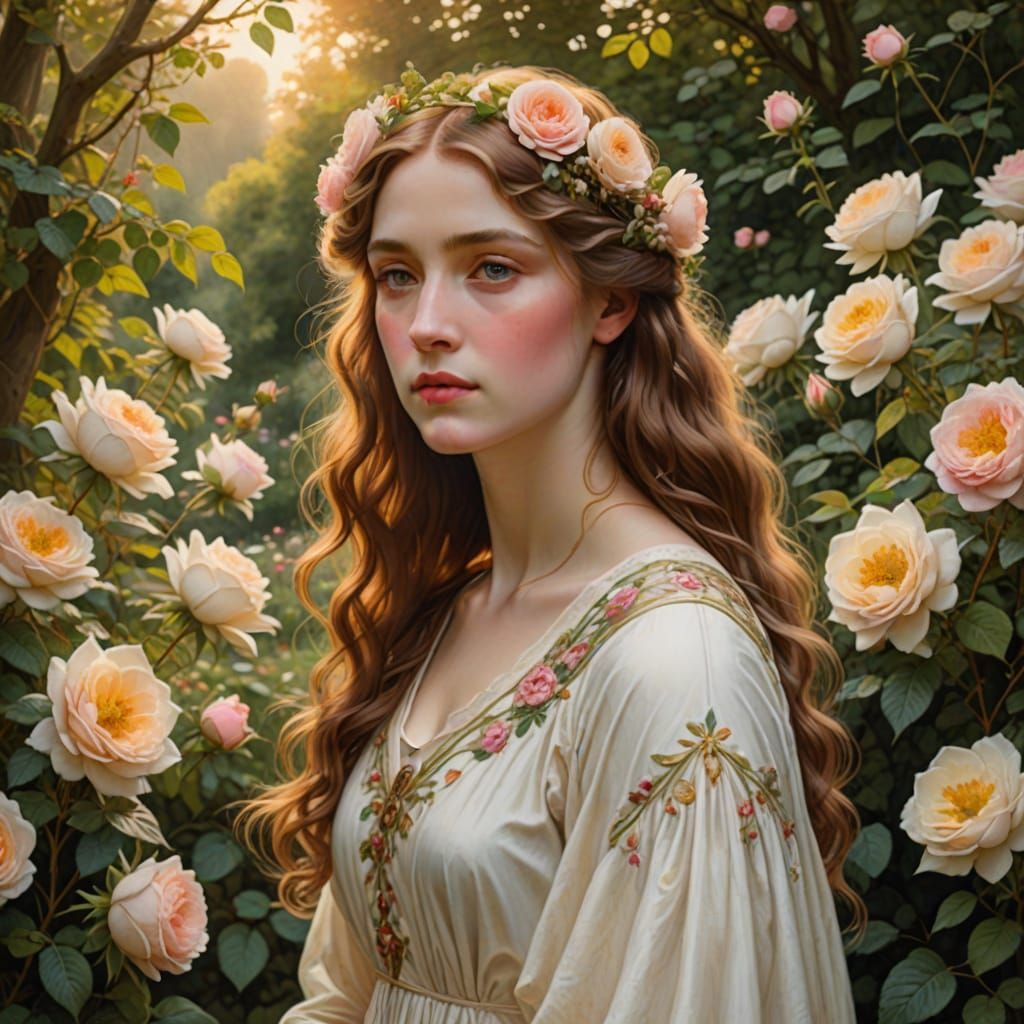 Elegant English Rose Woman in Lush Garden