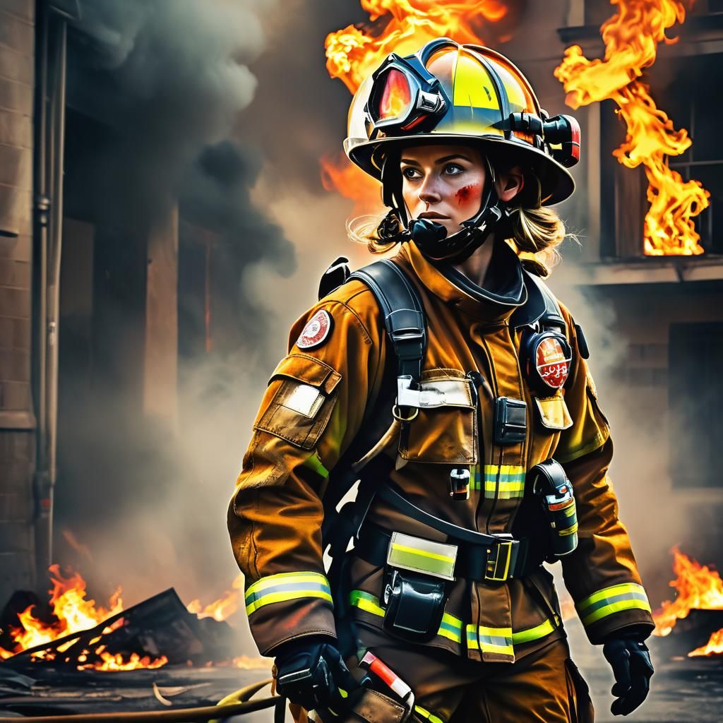 Heroic Female Firefighter in Burning Building: Digital Art