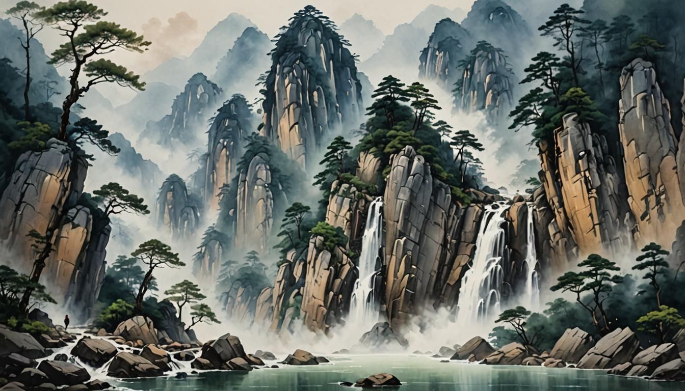 Huangshan Mountains Waterfall with Altar, Watercolor Paintin...