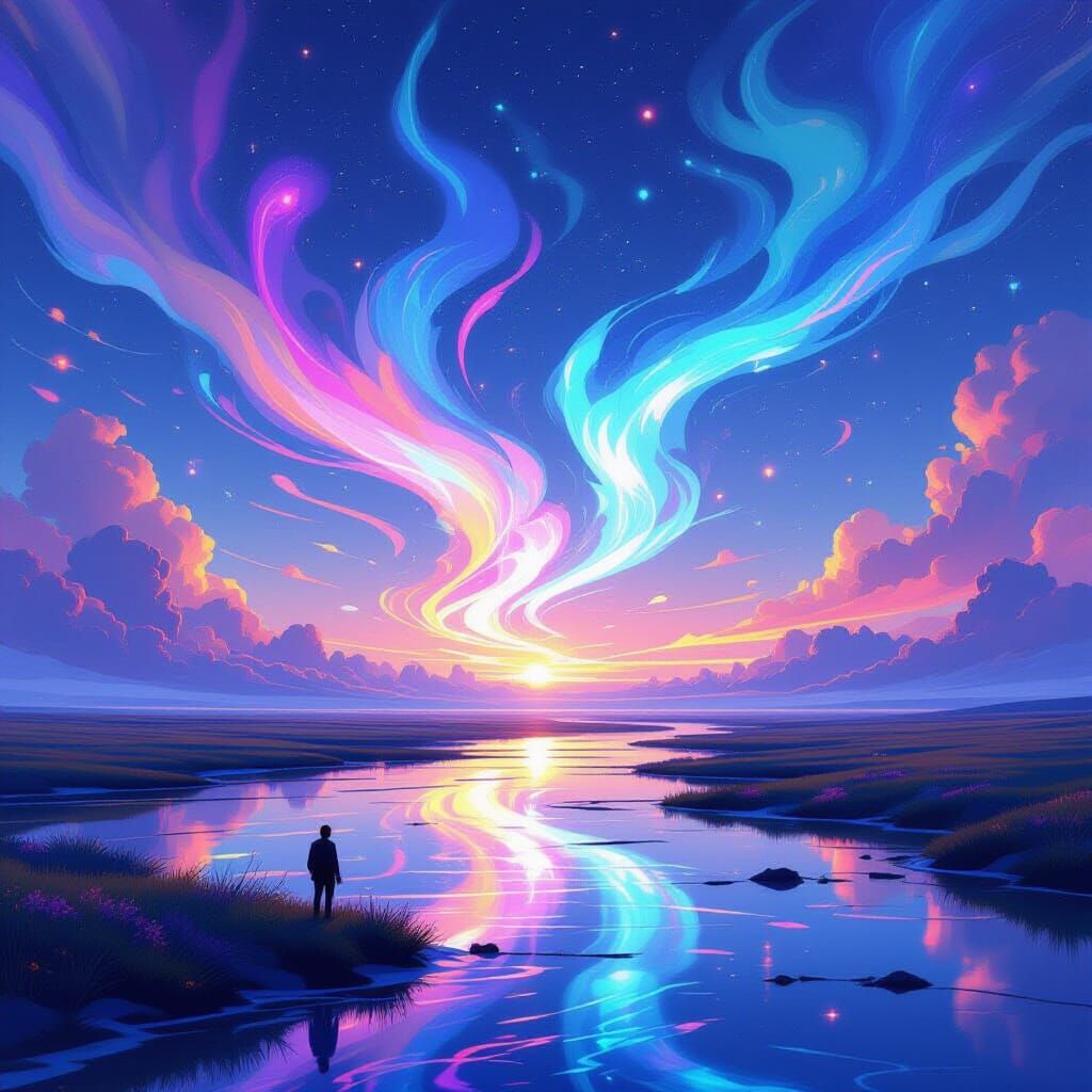 Iridescent Wisps Dance in Dreamlike Landscape