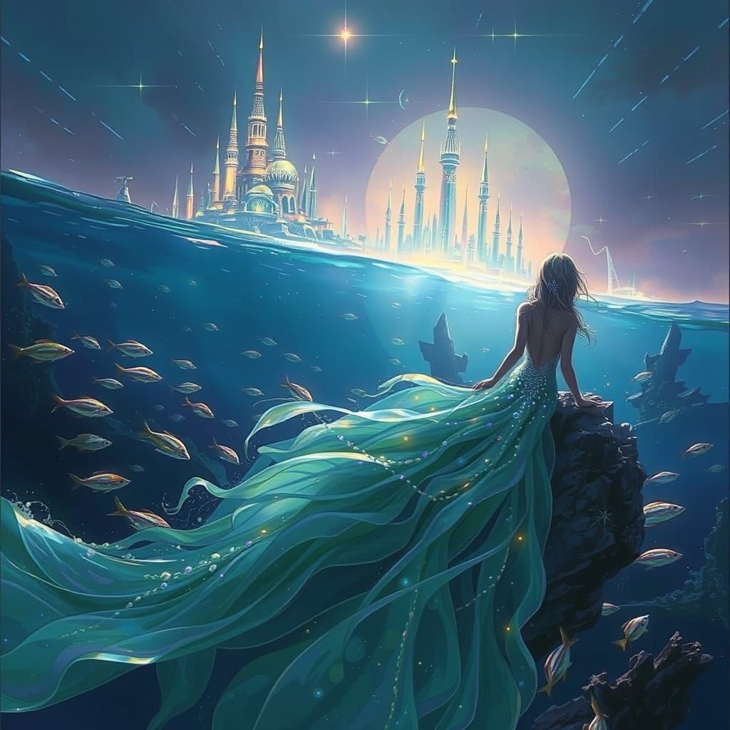 Enchanted Mermaid Stares at Submerged Cityscape