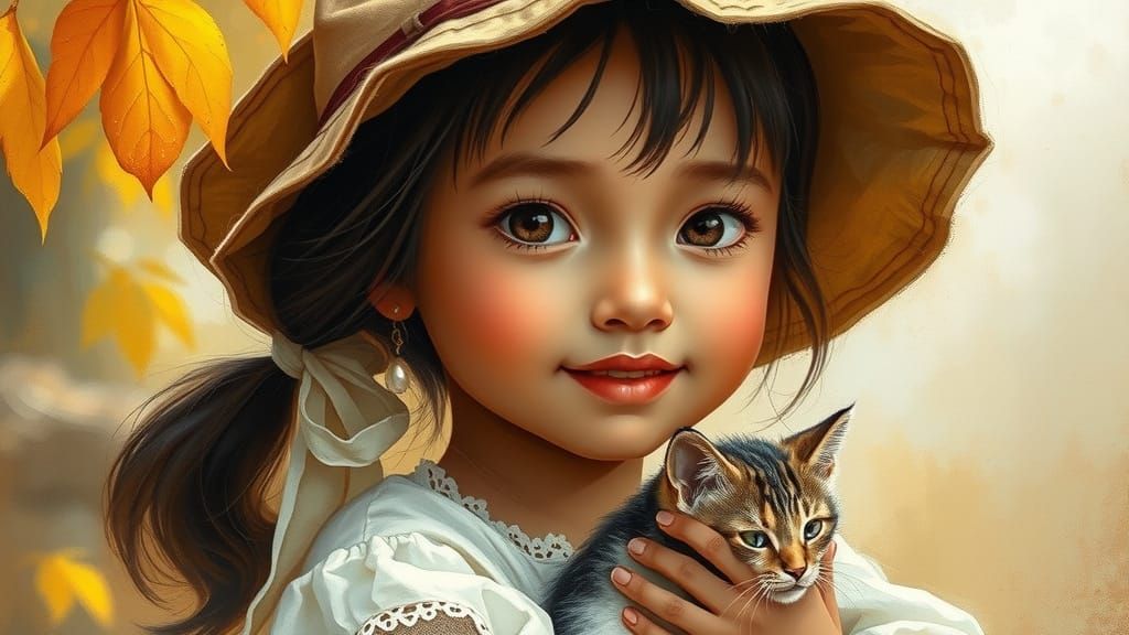 Little Indonesian Girl with Kitten in Warm Autumn Landscape