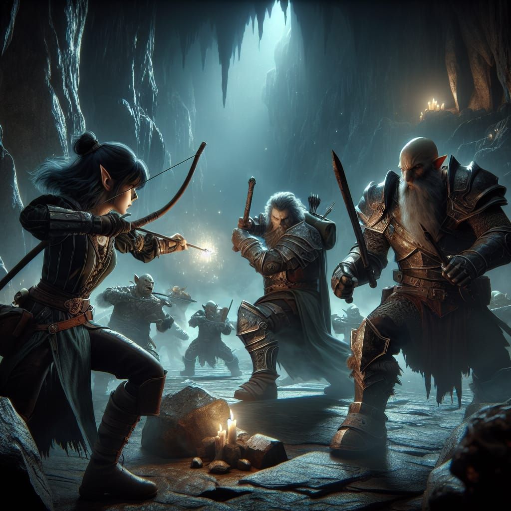 Elf, Dwarf, and Halfling Battle Goblins in Cave
