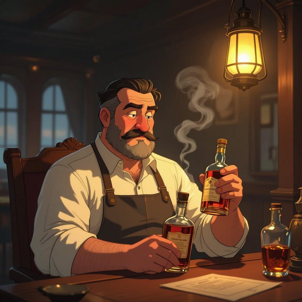 Chef Reflects in Titanic Cabin with Whiskey, 2D Cinematic St...
