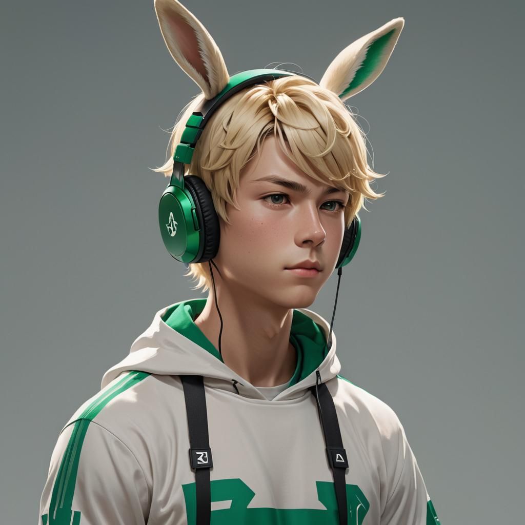Blonde Boy with Rabbit Headphones in Anime Style