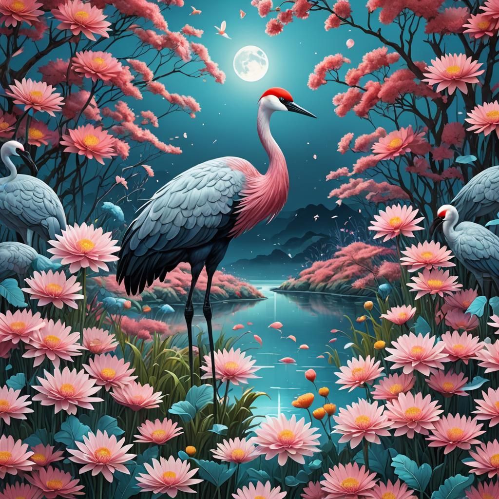 Pink Crane in Chrysanthemum Field: 3D Anime Render