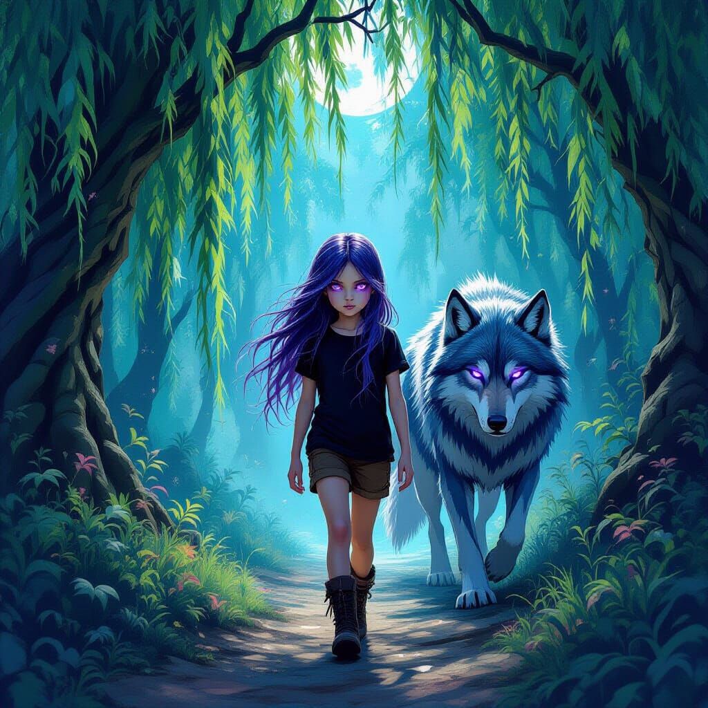 Girl and Wolf in Mystical Forest Graffiti Art