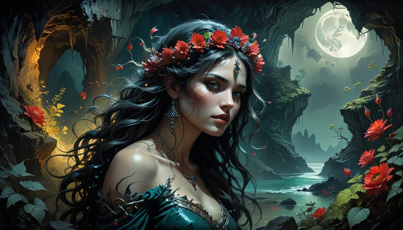 Mysterious Lamia Portrait in Moonlit Cave