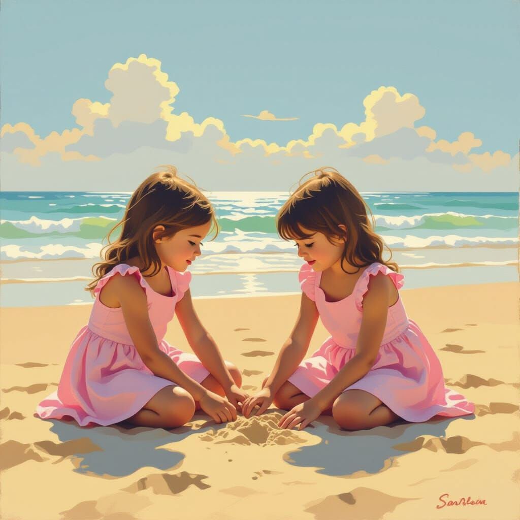 Twin Sisters Play on Golden Hour Beach in Impressionistic St...