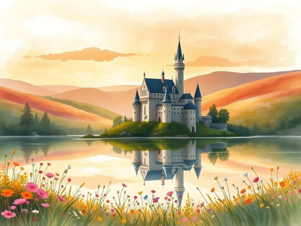 Watercolor Fairytale Castle at Sunset
