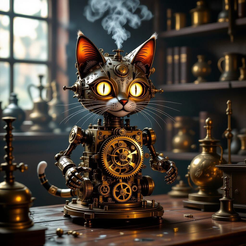 Clockwork Cat in Dim Victorian Lab, Steampunk Illustration