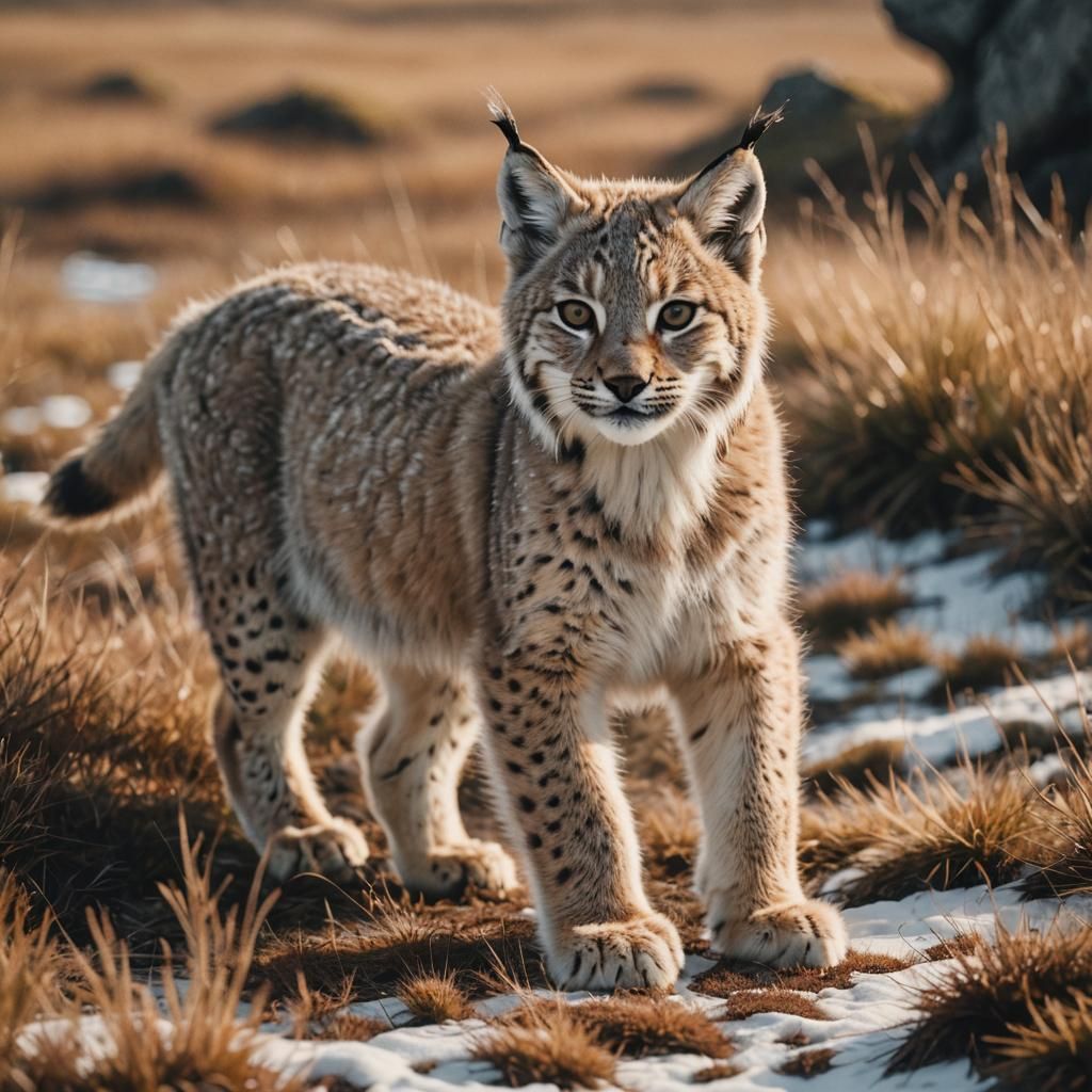 Cute Baby Lynx Plays in Golden Tundra