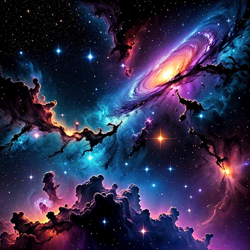 Cosmic Galaxy with Swirling Purple Clouds and Shining Blue S...