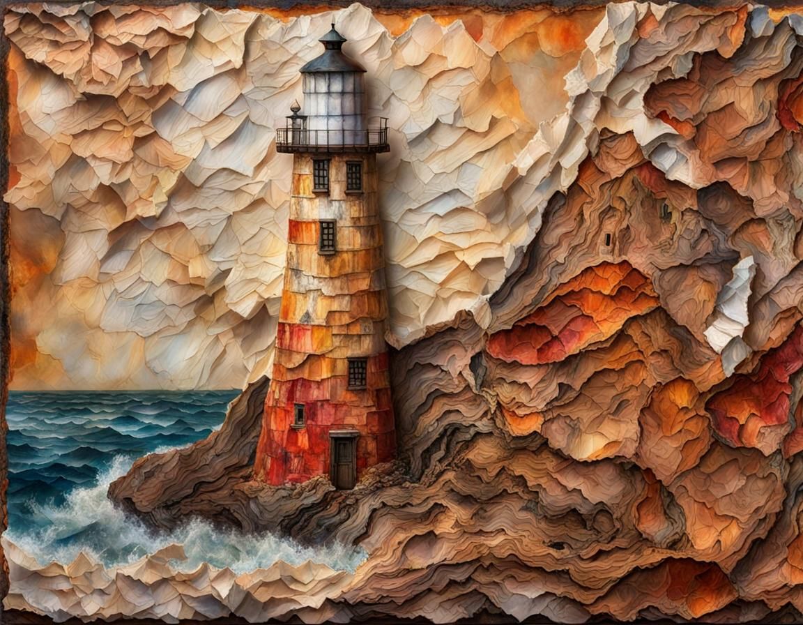 Lighthouse Collage by Cliffs in Mixed Media