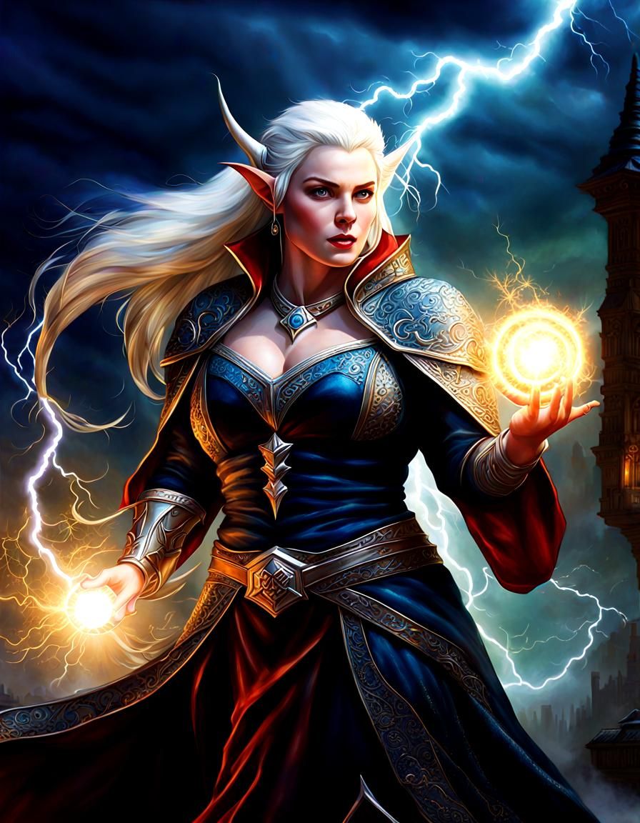 High Elf Sorceress Casting Lightning, Fantasy Art