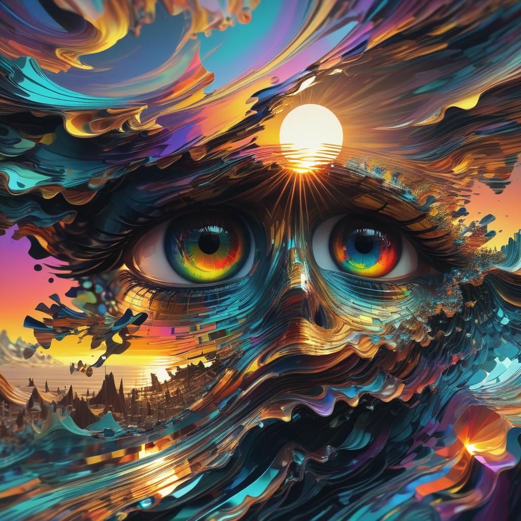 Glitch Art Sunset in Hyperrealistic Style