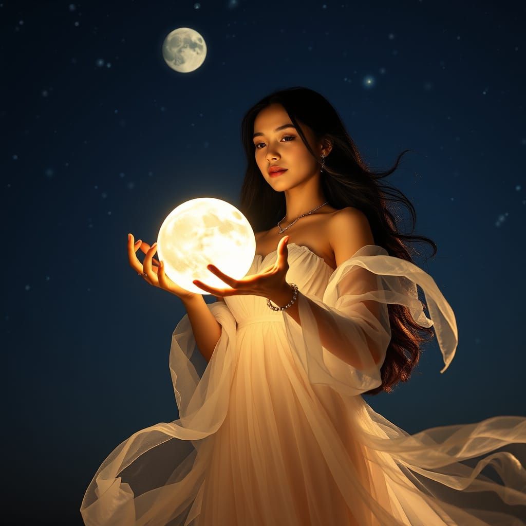 Mystical Moonlit Goddess Dances Under Starry Skies