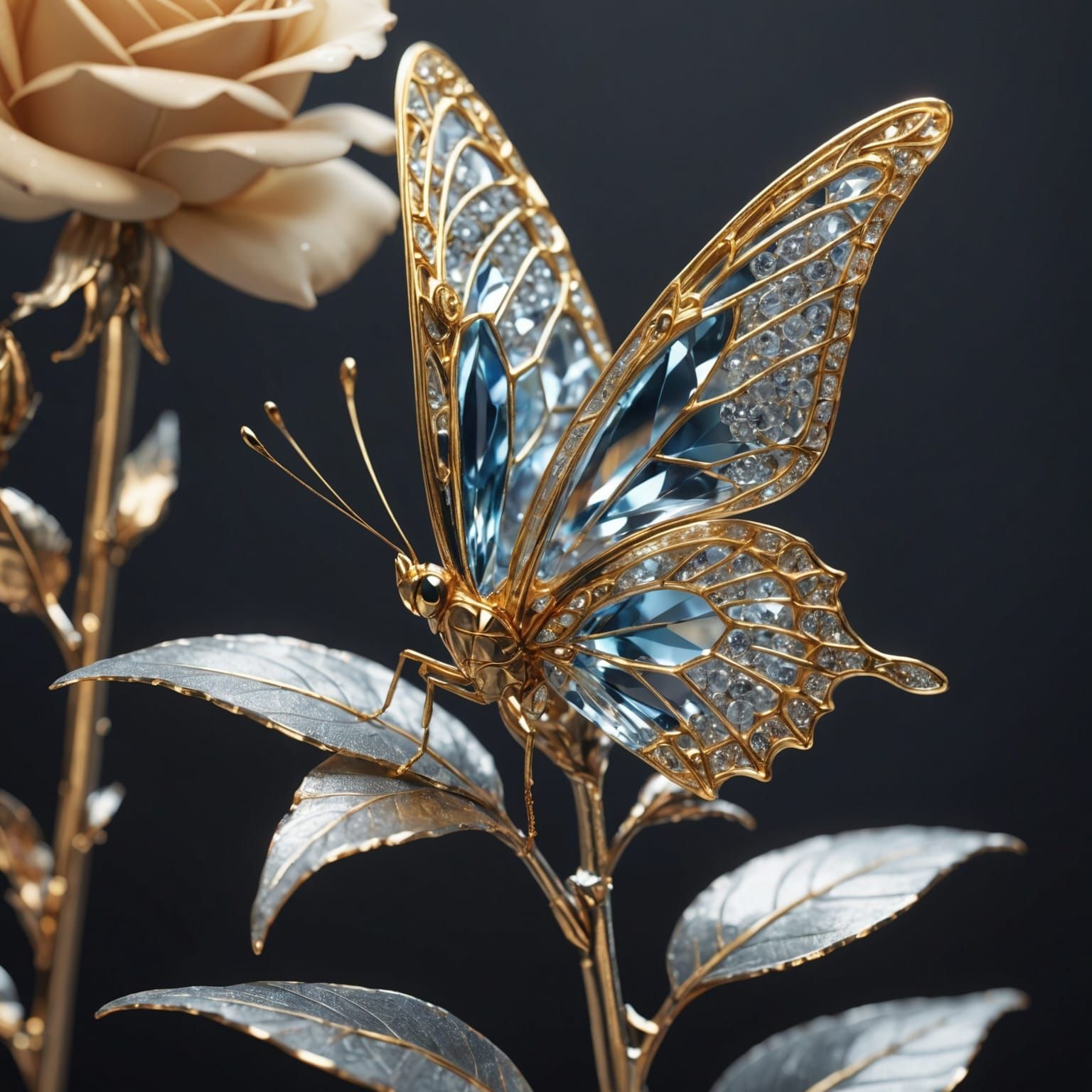 Gilded Crystal Butterfly on Silver Rose: Anime Style