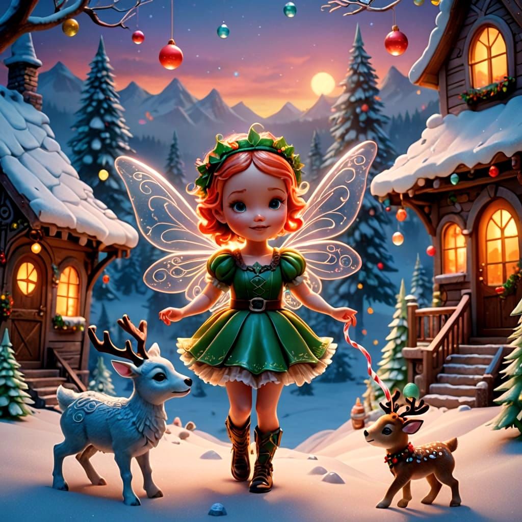 Whimsical Glass Fairy Plays with Reindeer in Vibrant Winter...