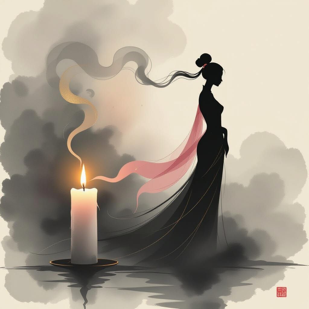 Ethereal Lady Silhouette Formed by Candle Smoke in Minimalis...