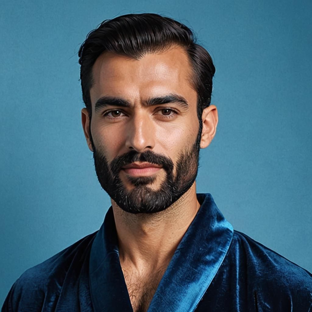 Hirsute Man in Blue Velvet Robe: Impressionist Painting