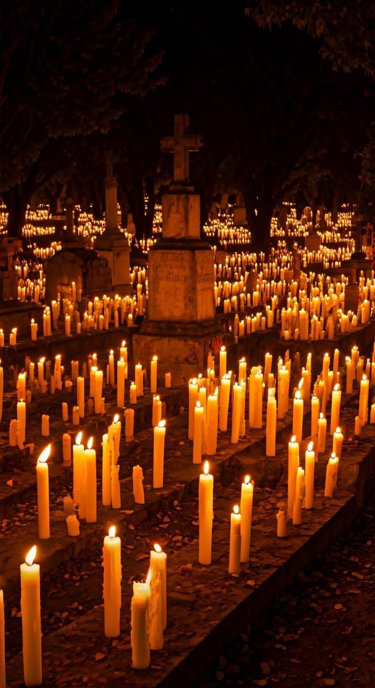 Mystical Mexican Cemetery Aglow with Candles and Flowers