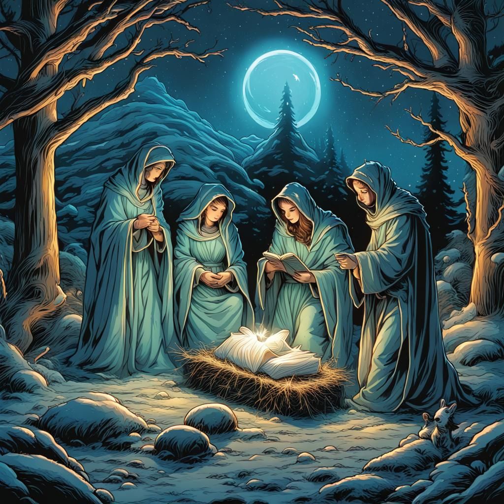 Bioluminescent Nativity Scene Comic Book Art