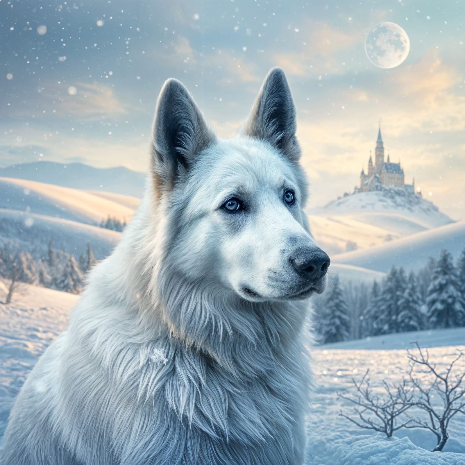 Winter German Shepherd in Icy Enchanted Forest
