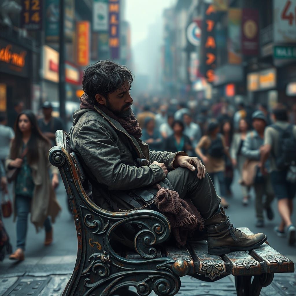 Forlorn Man in Crowded Street, in Cyberpunk Style