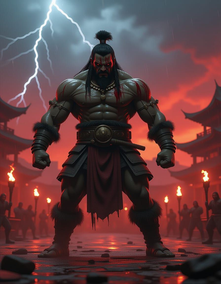 Victorious Goro in Battle-Ravaged Arena: Unreal Engine Style