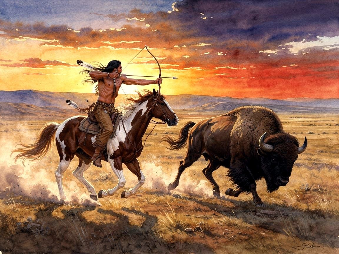 Native American Hunter on Horseback Hunts Bison at Sunset