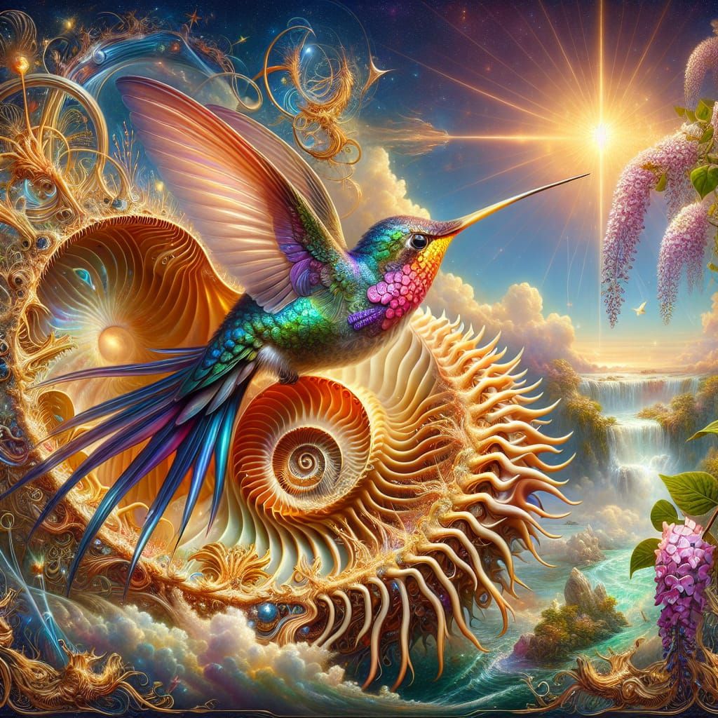 Hummingbird and Spiky Seashell in Maximalist Style