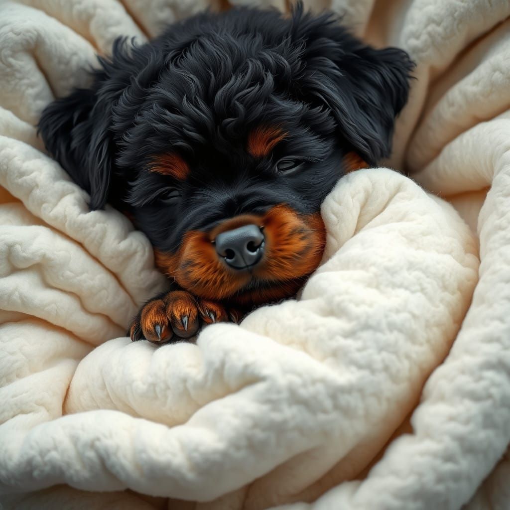 Cozy Rottweiler Snuggled Up in Soft Whiteness