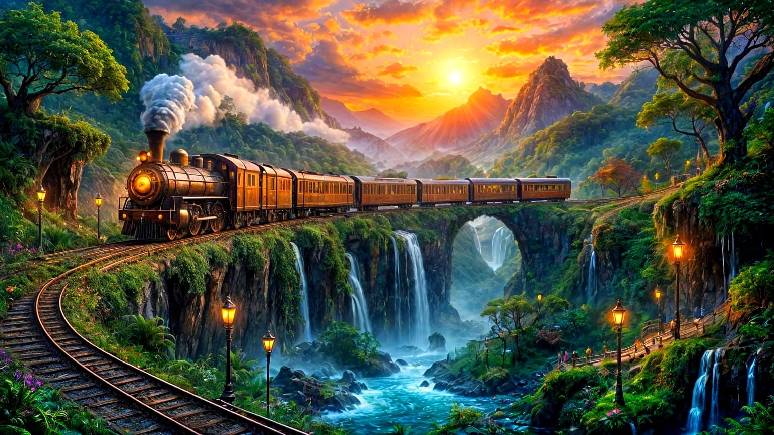 Steampunk Train in Jungle Landscape, Photorealistic Style