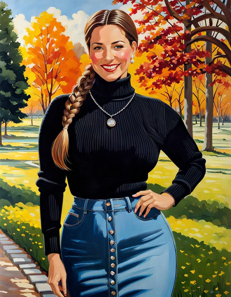 Elegant Woman in Park, Oil Painting Style