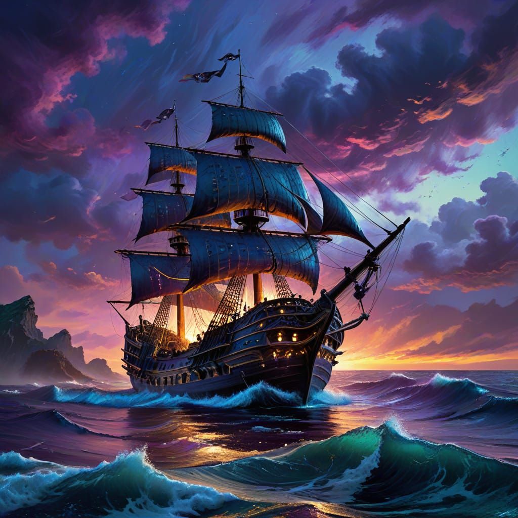 Pirate Galleon Ablaze in Twinkling Twilight Seascape