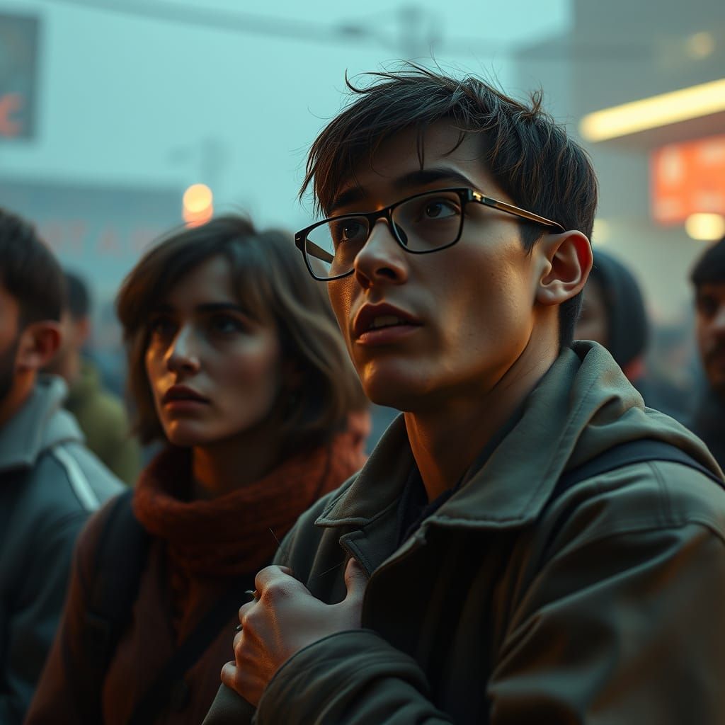 Shocked People Wait in Cinematic, Hyperrealistic Scene