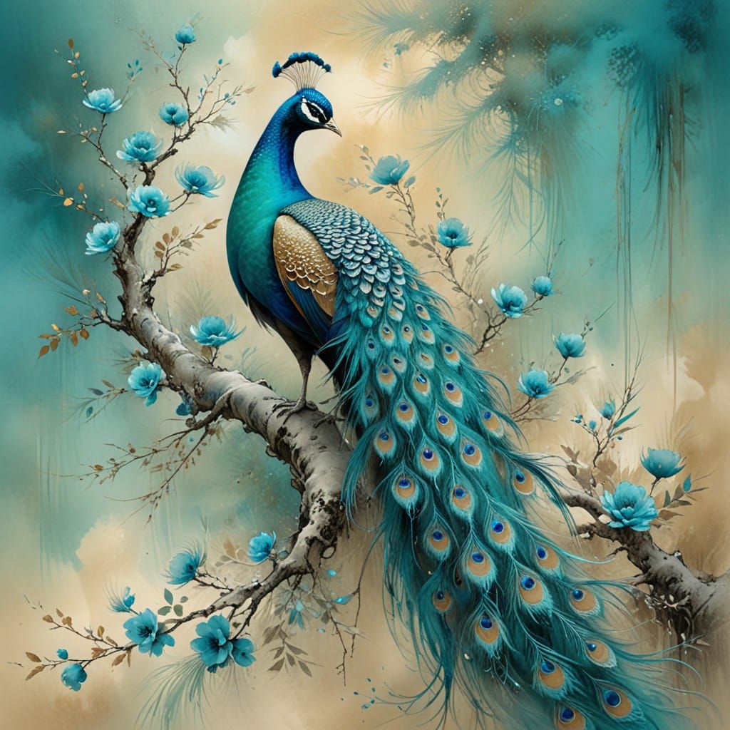 Turquoise Peacock in Chinese Watercolor Painting